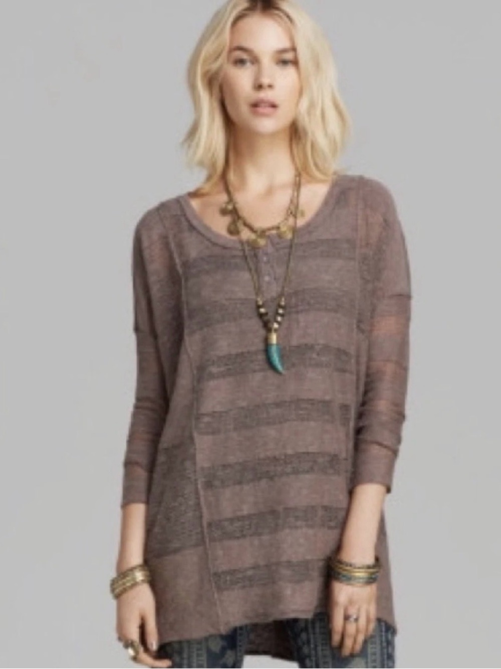 Free People Mauve Brown Striped Lightweight Long Sleeve Tee size S